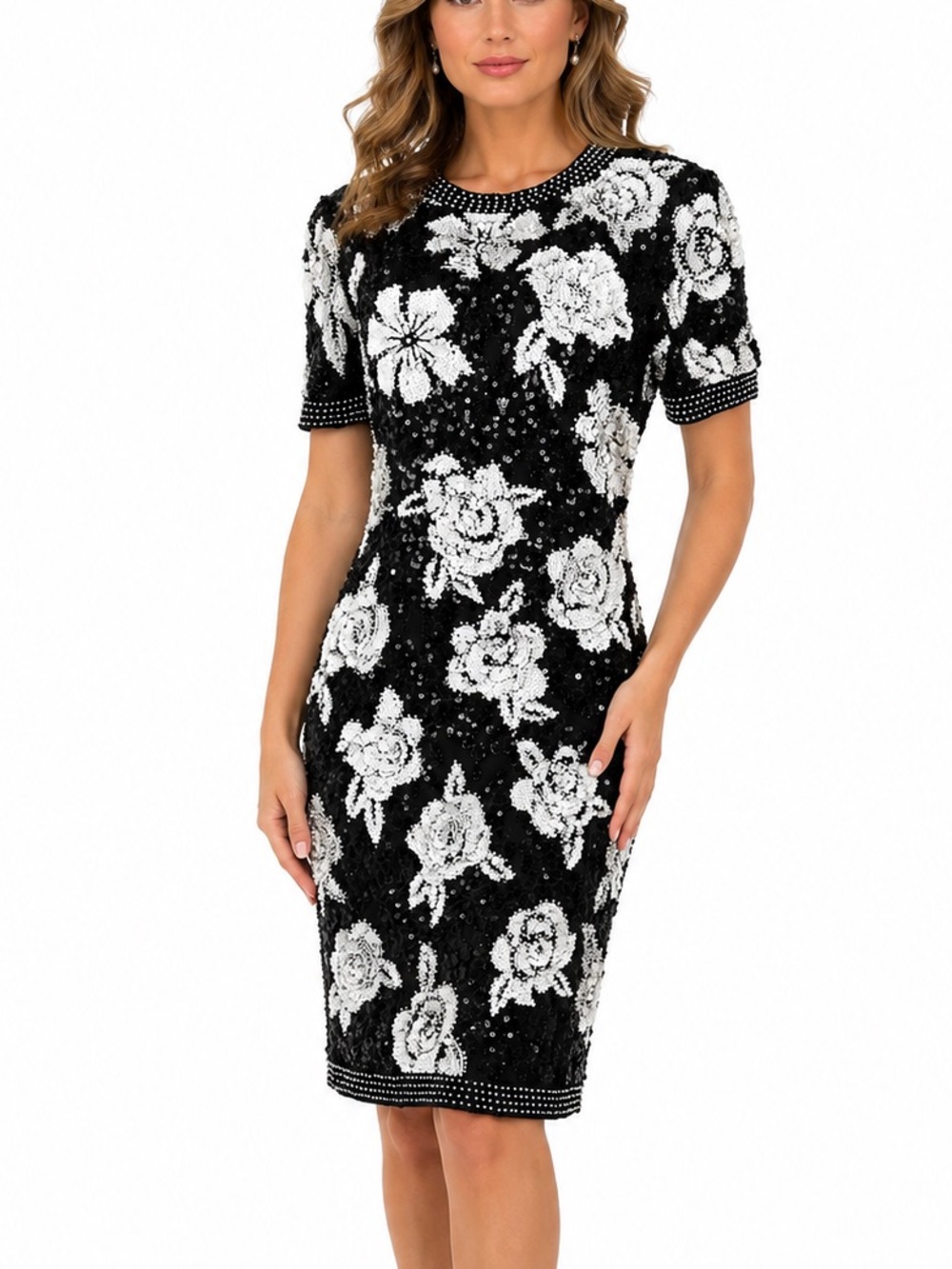 Joan Leslie Evenings Beaded Sequin Floral Cocktail Dress Black White Size 8